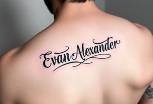 Name tattoo that says Evan Alexander scroll 
on forearm tattoo idea