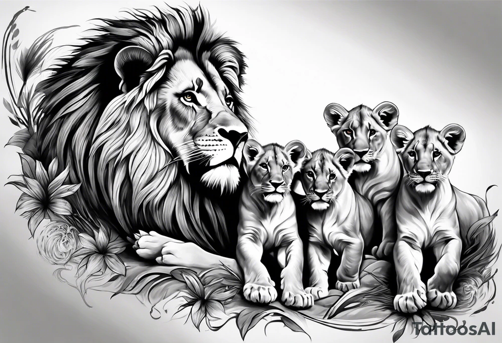 Full sleeve tattoo depicting a large lion protecting his lioness and 6 lion cubs. Background should depict a safari scene tattoo idea