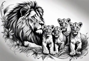 Full sleeve tattoo depicting a large lion protecting his lioness and 6 lion cubs. Background should depict a safari scene tattoo idea