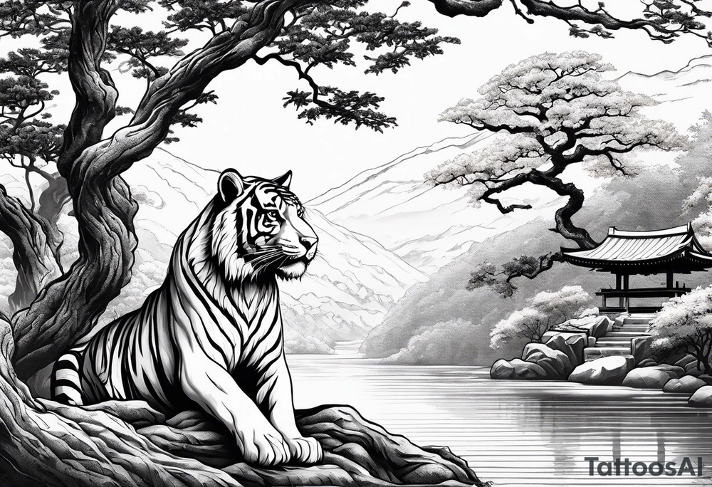 Red japanese oak tree next to a river with a tiger sitting next to it tattoo idea