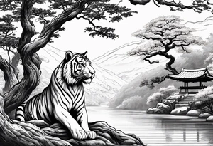 Red japanese oak tree next to a river with a tiger sitting next to it tattoo idea