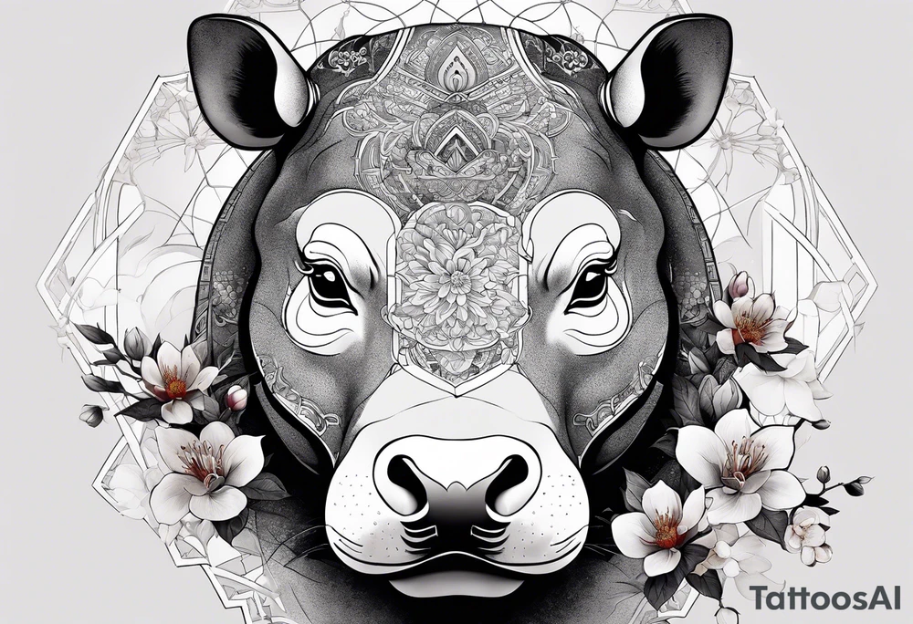 Asymmetrical, geometric, chinese ink art touch, hippo , full moon, wintersweet flower, light , modify from my favourite, s-shape tattoo idea