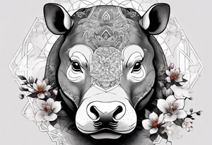 Asymmetrical, geometric, chinese ink art touch, hippo , full moon, wintersweet flower, light , modify from my favourite, s-shape tattoo idea