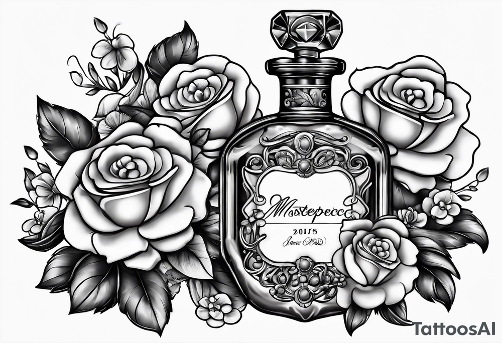 Pearl necklace wrapped around 1950s perfume bottle with flowers and bows surrounding tattoo idea
