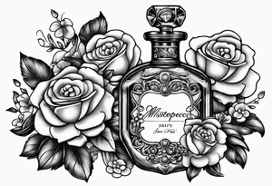 Pearl necklace wrapped around 1950s perfume bottle with flowers and bows surrounding tattoo idea