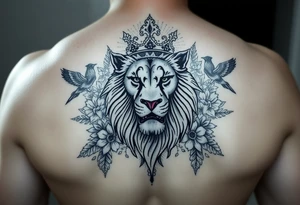 powerful majestic lion with a crown, surrounded by floral ornaments and birds tattoo idea
