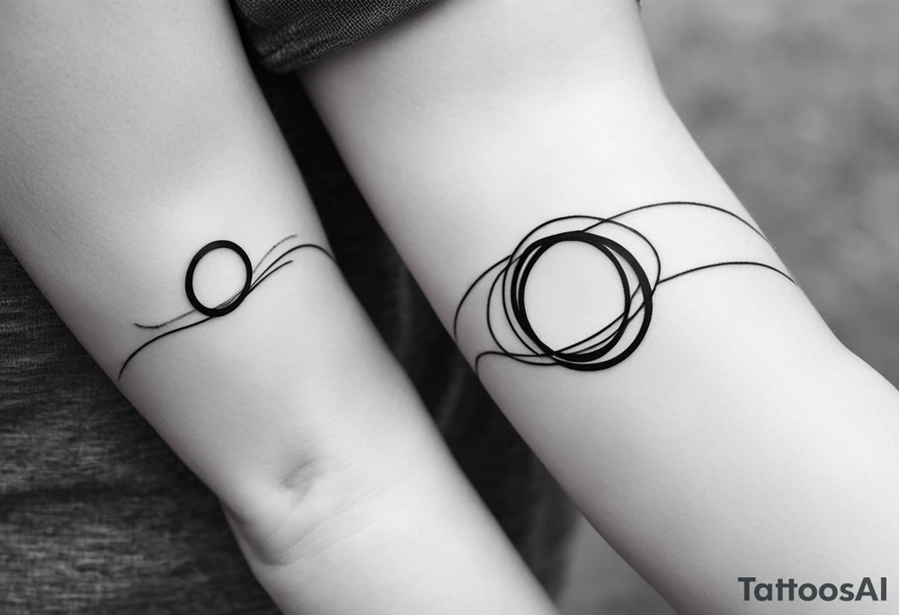 Here’s a description for the second idea:

	Minimalist black-and-white tattoo above the inner elbow, featuring two overlapping open circles, one slightly larger than the other, symbolizing the connection between a parent and child. At the point where the circles intersect, a fine lifeline begins, representing the start of their shared journey. The design uses thin, clean lines for an elegant, symbolic look that illustrates growth and unity. tattoo idea