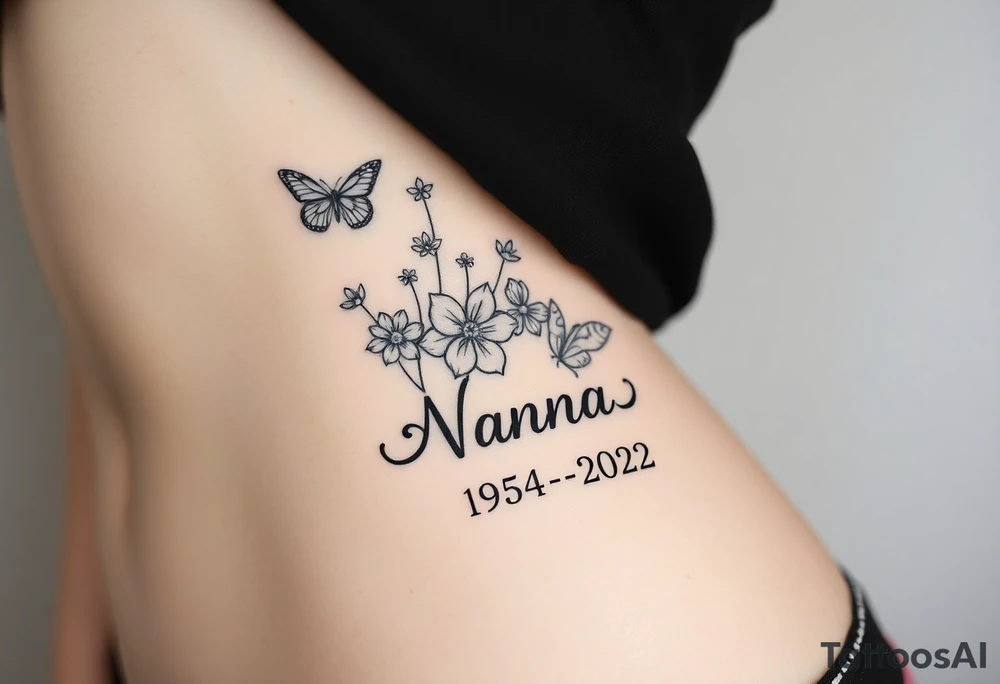 flowers and butterflies with the name “NANA” and the date “1954-2022” mixed all together on the side of the rib cage tattoo idea