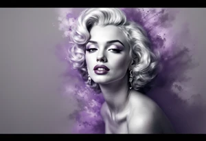 Glamour Marilyn Monroe shot in black and white with a soft purple gradient behind her head. tattoo idea