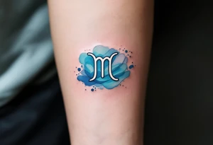 A minimalist Aquarius glyph, surrounded by soft watercolor waves in hues of turquoise, indigo, and silver. tattoo idea