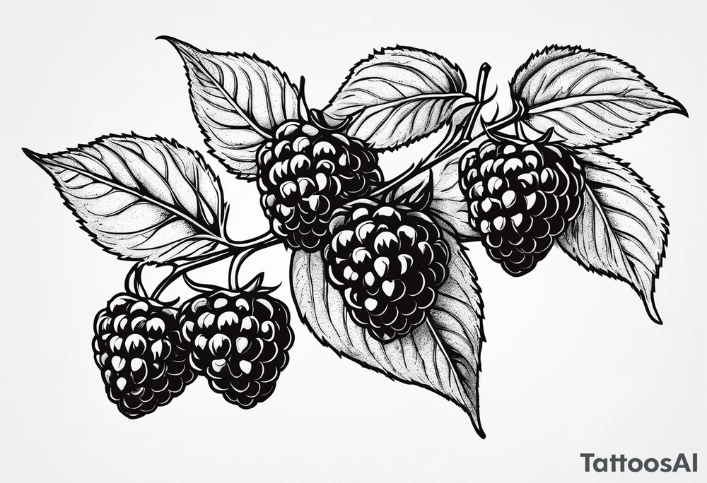 a single long raspberry branch with lots of leaves that is hanging upside down in black and white tattoo idea