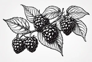 a single long raspberry branch with lots of leaves that is hanging upside down in black and white tattoo idea