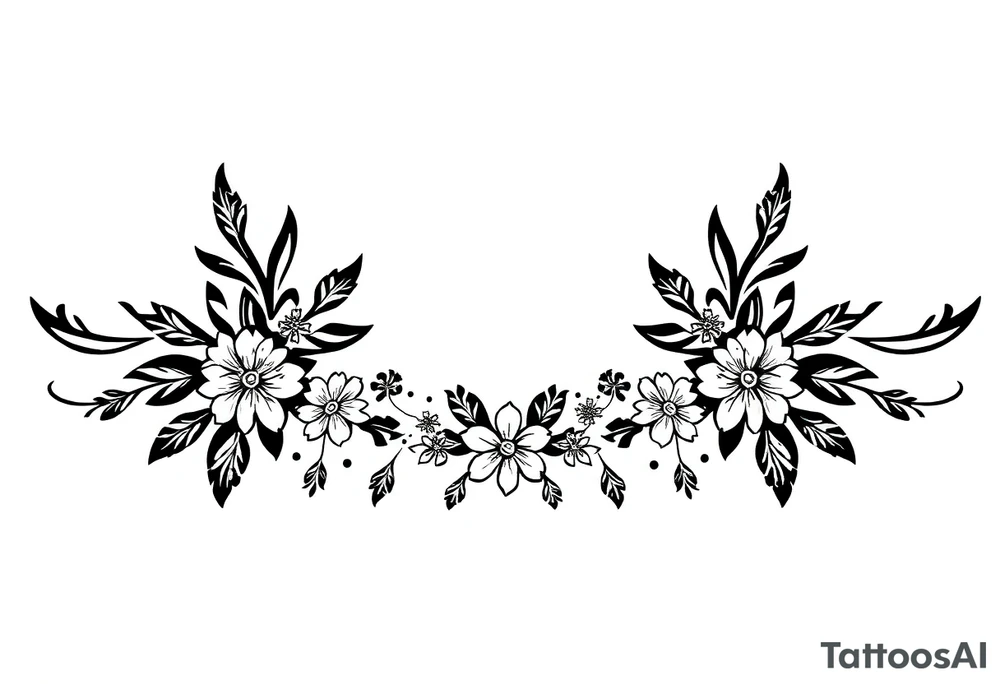 an broad band in shape of an arc filled with tiny floral elements combined with christmas elements and winter symbols like snow flakes, stars and similar tattoo idea