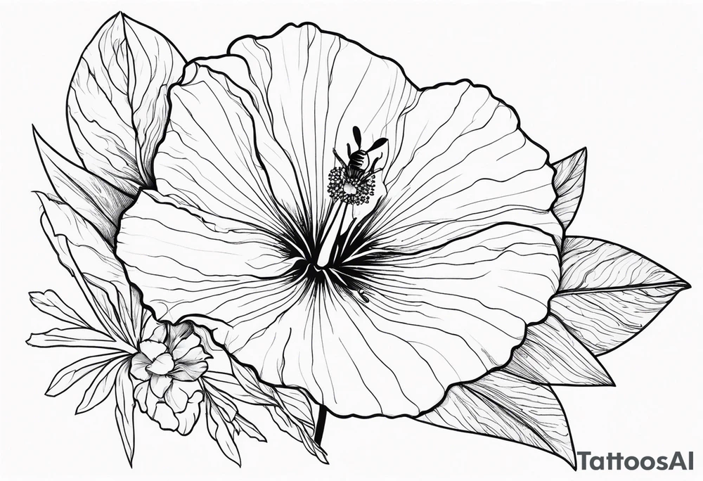 Hibiscus with wildflowers, poppy, complimentary flowers, bees, forearm tattoo idea