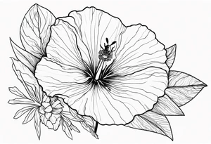 Hibiscus with wildflowers, poppy, complimentary flowers, bees, forearm tattoo idea