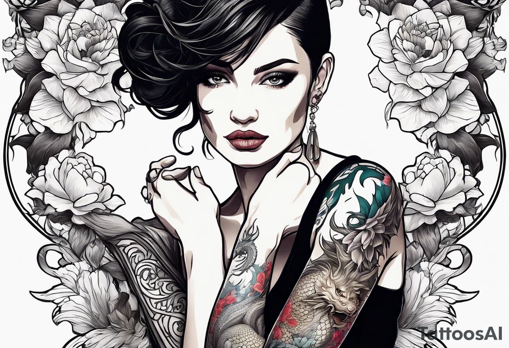 A woman with a dragon tattoo on her arm, holding a lotus flower. tattoo idea