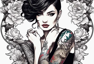 A woman with a dragon tattoo on her arm, holding a lotus flower. tattoo idea