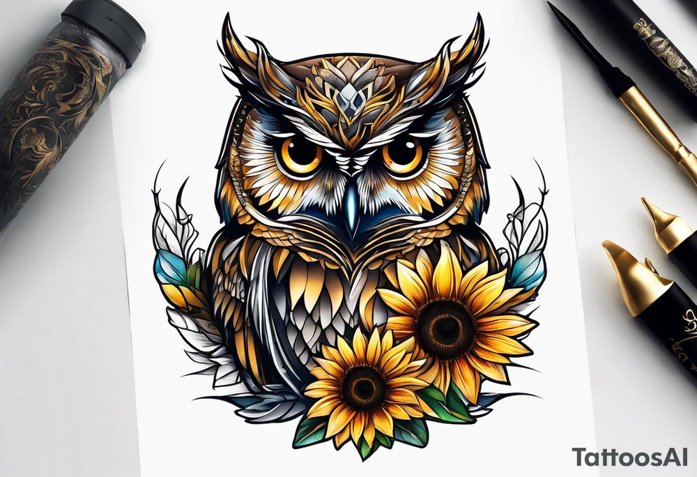 Owl with sunflower body tattoo idea