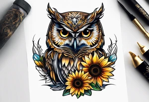 Owl with sunflower body tattoo idea