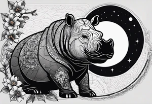 Very asymmetrical, +geometric pattern, with realistic full moon, with seeious looking hippo, +zen feel, + Buddhism touch,
with wintersweet flower bud, +portrait orientation, +inkart touch, tattoo idea