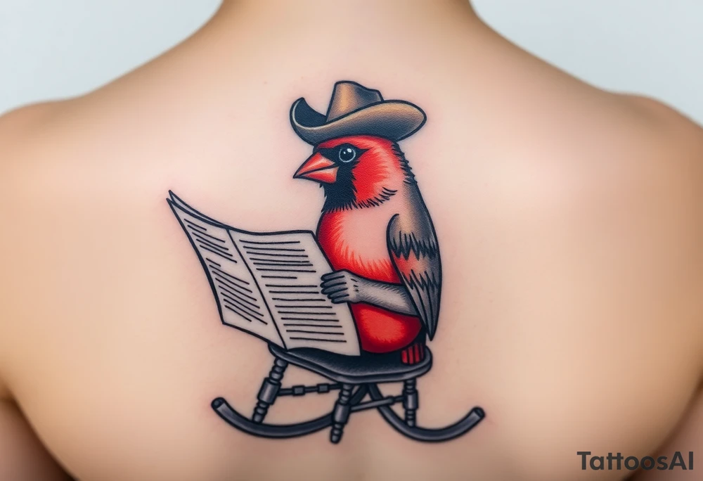 A cardinal wearing a cowboy hat, sitting in a rocking chair reading a newspaper tattoo idea