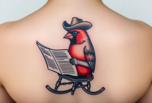 A cardinal wearing a cowboy hat, sitting in a rocking chair reading a newspaper tattoo idea