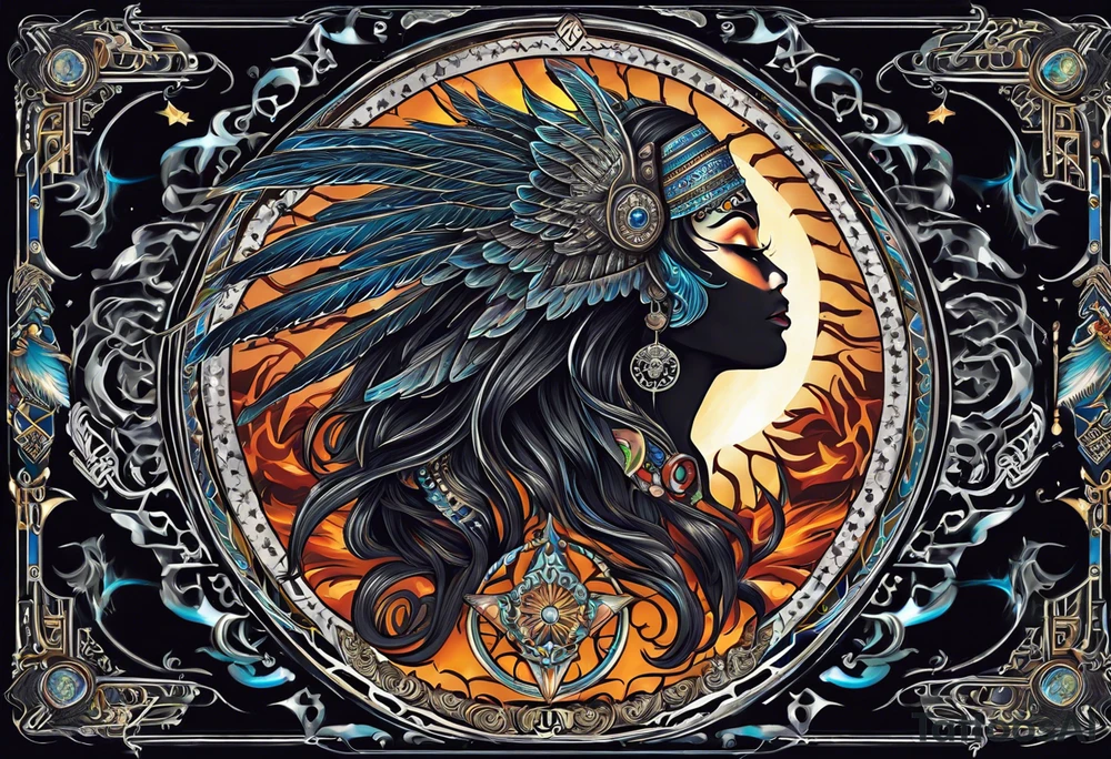 black kali, goddess pirate, alien, angel, pachamama, valkrye, warrior, flying, skull, lotus azul, wing, eagle, zenza resonance, stars, 5D, anahata chakra, death, durga, riding on a tiger, flying lady tattoo idea