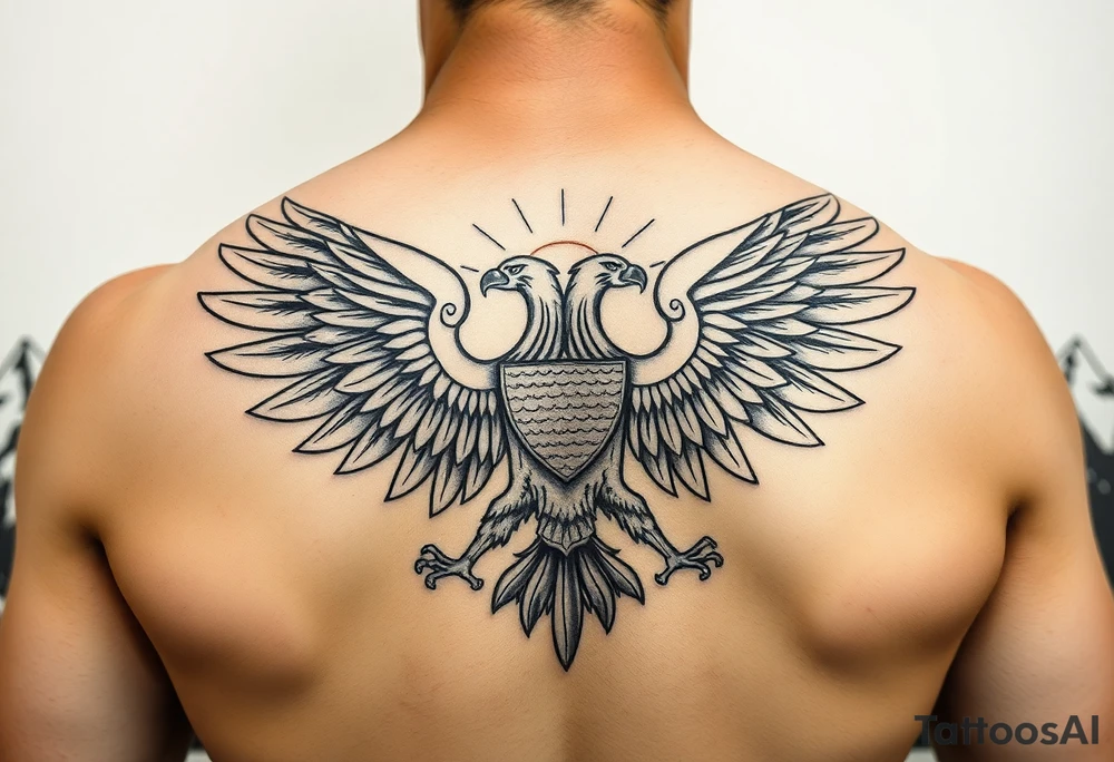 i am looking at getting a russian / serbian style double headed eagle like the coat of arms spread out on my back neck across my shoulders / traps in a orthodox christian church style setting with a sun beaming and in a mountainous setting, such as a Sovereign of the Mountain tattoo idea