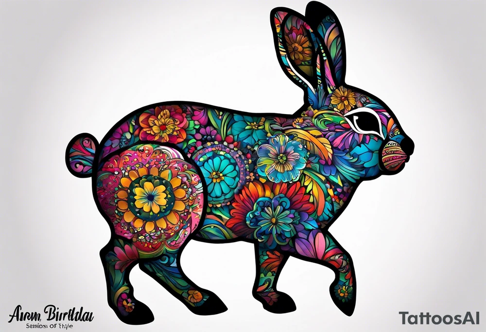 I would like a colorful bunny tattoo for my daughter because she loves bunnies and at the same time she is a pig, I would like the bunny to preferably have some combination with a pig, and then her birthday is April 9, and I would like the bunny to be kind of in the style of something like Iron Man, with the number 0409 on the armor. I'm more of a geometric person myself so I'd like her to not be a full pattern but cut by diamonds or triangles tattoo idea
