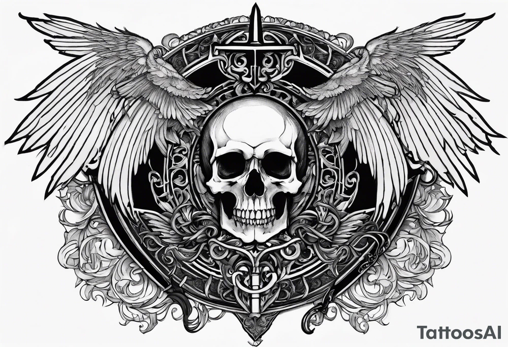 In the center is a skull pierced by a large sword. On either side of the skull, there are spread angel wings, creating an impression of protection and majesty. Beneath the skull is a ribbon that weaves through both the skull and the sword, imparting unity and linking all the elements together. tattoo idea