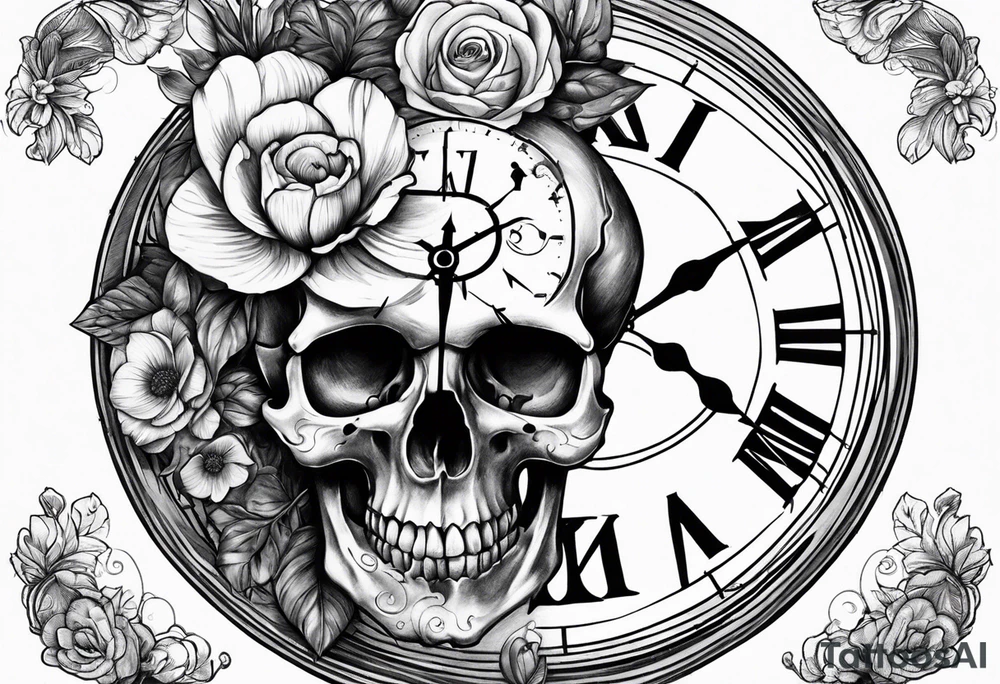 skull with clock, flower, compass, tattoo idea