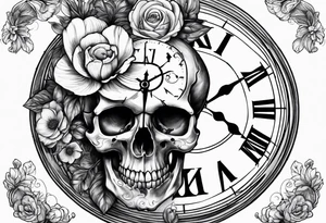 skull with clock, flower, compass, tattoo idea