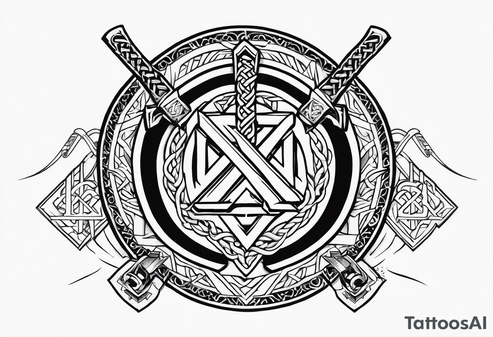 Valhalla sword shield axe Valknut chains tattoo idea