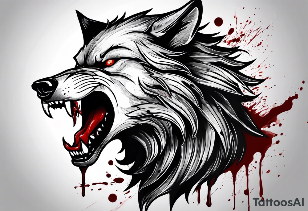Create aggressive WOLF, with some blood coming out of his mouth and saliva. BLOOD IN THE BACKGROUND. Make it a drawing and use the image of reference. I am going to add. I want HIM TO BE ANGRY WITH RED EYES use VICIOUS WOLF THATS ANGRY tattoo idea