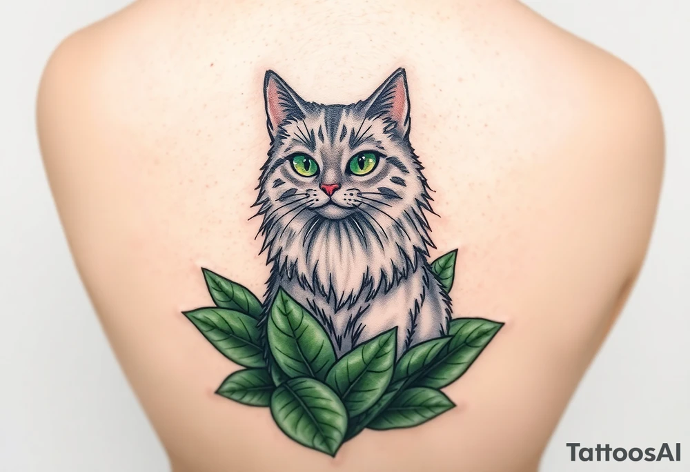 6x6 Minimalist cartoon style tattoo for back of thigh of along haired grey cat with green eyes surrounded buy house plants with huge green leaves tattoo idea