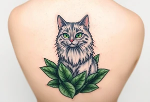 6x6 Minimalist cartoon style tattoo for back of thigh of along haired grey cat with green eyes surrounded buy house plants with huge green leaves tattoo idea