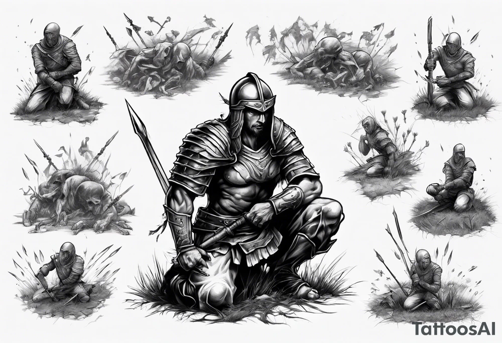 Warrior kneeling upon a field of fallen enemies tattoo idea Warrior kneeling upon a field of fallen enemies tattoo idea