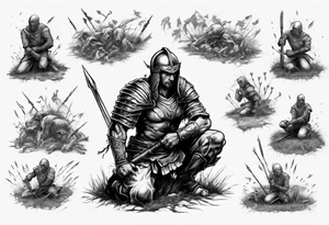 Warrior kneeling upon a field of fallen enemies tattoo idea