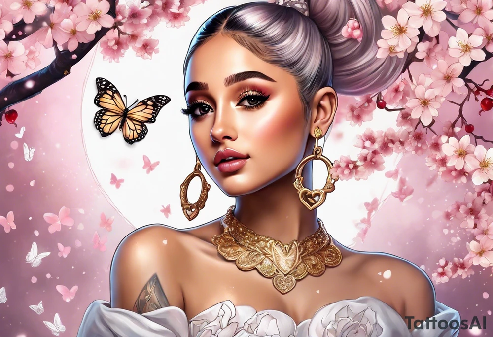 Ariana Grande surrounded in a golden aura with cherry blossoms and white butterflies with a key that unlocks a heart tattoo idea