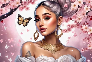 Ariana Grande surrounded in a golden aura with cherry blossoms and white butterflies with a key that unlocks a heart tattoo idea