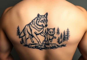 two wolves, an adult and a cub, running into a forest tattoo idea