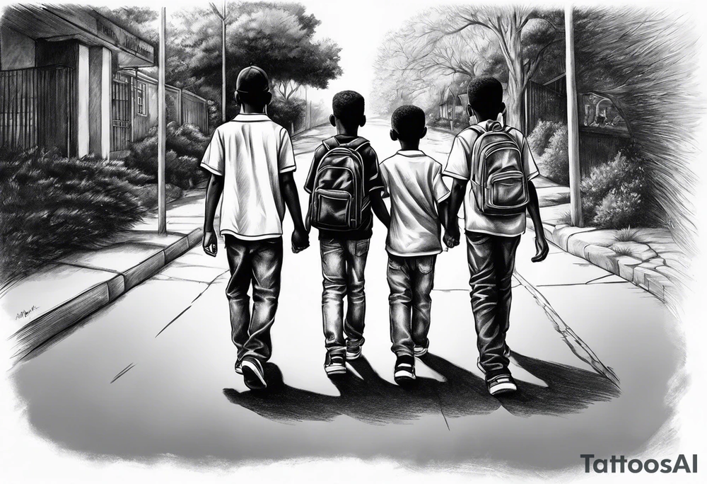 three black school age brothers walking away together down a street full bodies and one on the side looking at the one in the middle tattoo idea