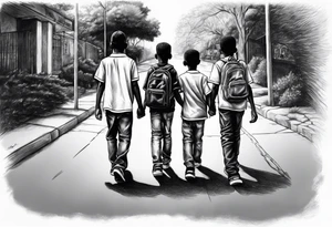 three black school age brothers walking away together down a street full bodies and one on the side looking at the one in the middle tattoo idea