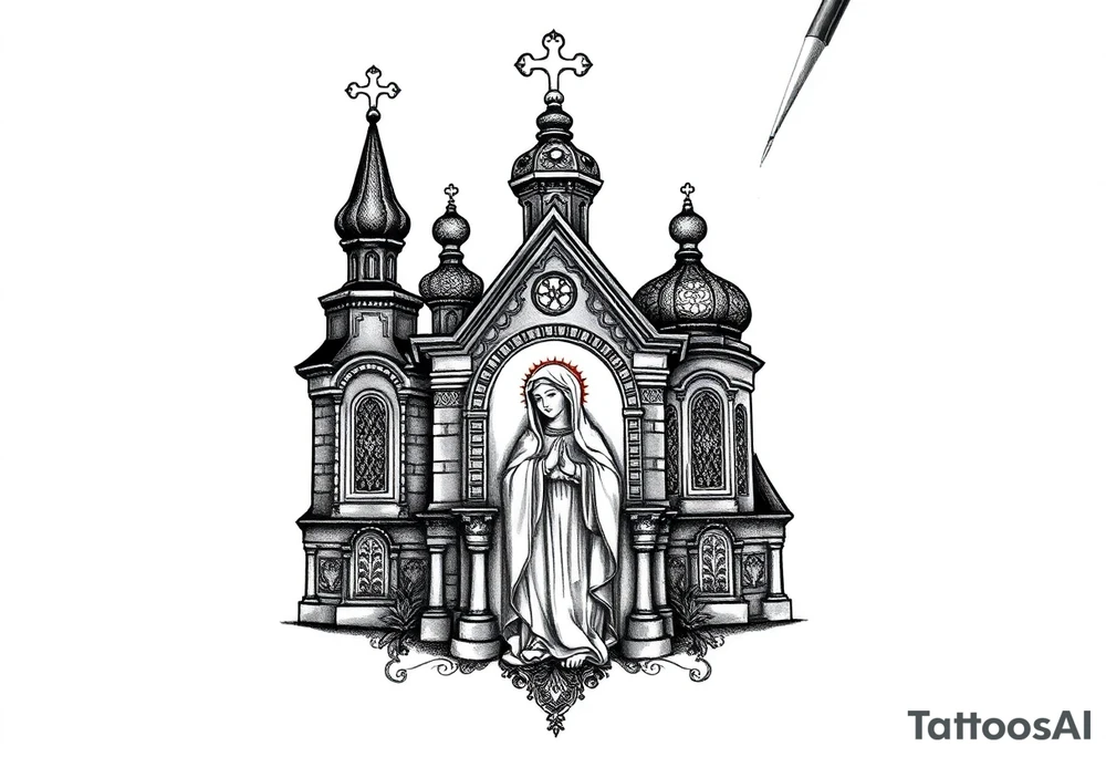 medium traditional russian orthodox church with russian coat arms and virgin mary on the side of your neck tattoo idea