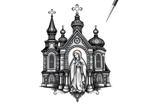 medium traditional russian orthodox church with russian coat arms and virgin mary on the side of your neck tattoo idea