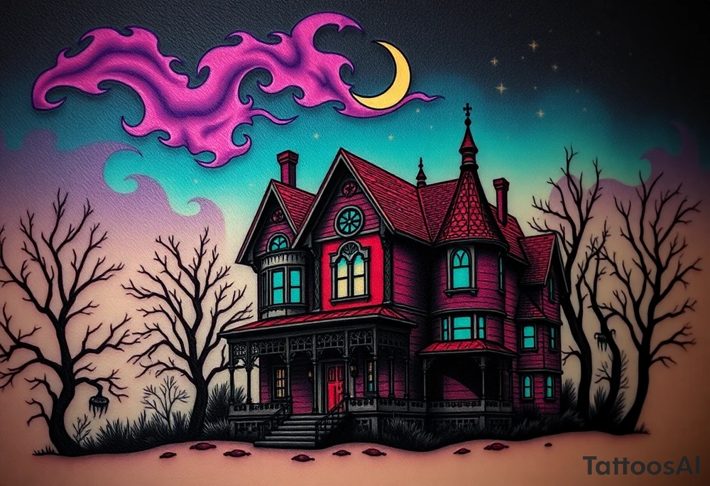 Tim Burton’s haunted victorian home is abandoned and dripping with muted reds, dusty pinks, and eerie green glow.purple and cyan smokey clouds swirl in the crescent moonlit sky thats sprinkled with stars tattoo idea tattoo idea