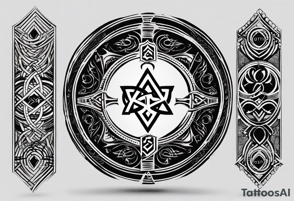 "Design Concept: Brotherhood Bond - A tattoo symbolizing the unbreakable bond between three brothers. Central symbol: Interlocking circles/arrows. Incorporated elements: Birth years integrated subtly, sticker sleeve influence. Placement: Arm wrap. Style: Bold black and white. Symbolic meaning: Unity and shared experiences. tattoo idea