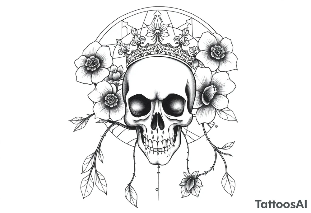 Mandala dream catcher with detailed beautiful gothic boho flowers on vine and skull with gorgeous crown tattoo idea