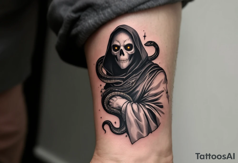 Plague Doctor with a Snake – A dark-robed doctor witn a silver-gray with tipical mask, with a black viper wrapped around their arm, symbolizing healing and poison. The snake's eyes glow deep amber, adding a mystical touch. tattoo idea