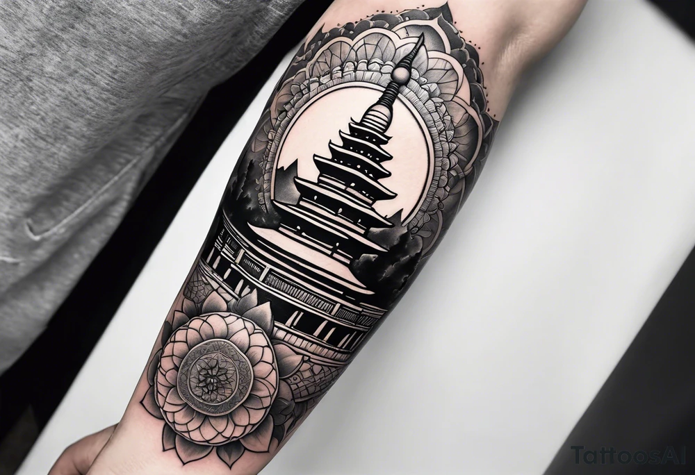 The back of a forearm tattoo with the background as a world map surrounded by a mandala with a Buddhist stupa at the bottom tattoo idea